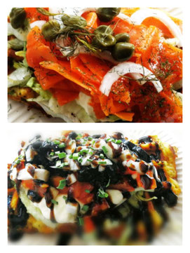 Beispiel Kreative Speisenvielfalt Hier rötlicherr Karottenlachs mit kapern und Mediterrane Kartoffelwaffeln mit Balsamico und Oliven 