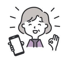 スマートフォンを手に喜ぶ中年女性のイラスト