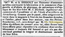 When Jean Diebold the younger died in 1839, his pupil Schneegans assumed control of the workshop. [Affiches, annonces et avis divers de la ville de Strasbourg, 4 septembre 1839, Gallica].