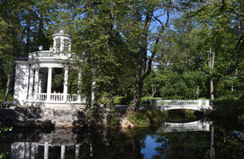 White rotunda on an island in a pond at Kemeri spa in Latvia