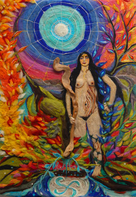"Mari", obra realizada en la residencia artística "Azken Muga". Vellón de lana agujado sobre lienzo de 100x70 cm.