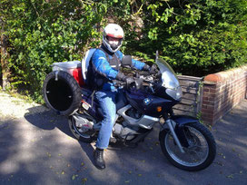 Me on a test ride to try out my luggage arrangements. The tyres are packed with spares