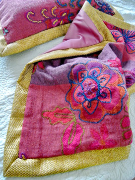 Plum/maroon/purple pashmina cushion cover with large, bright, woolen, hand-emroidered, floral design