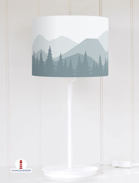 Lampenschirm für Tischlampe für Kinderzimmer mit Bergen und Bäumen in Grau-Blau aus Baumwollstoff - alle Farben möglich 
