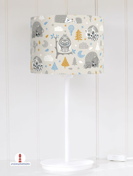 Lampenschirm für Tischlampe Waldtiere Bär Igel Kinderzimmer Graubeige aus Bio-Baumwolle - alle Farben möglich - ohne Metallfuß