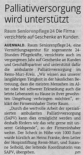 Backnanger Kreiszeitung berichtet über die Spende von RAUM Seniorenpflege 24 an die SAPV Daheim SEIN