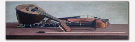 Kailaoss- Stillleben- Klarinete, Geige und MandulineStill Life – Clarinet, Violin and Mandolin" Oil on canvas, 20 × 60 cm