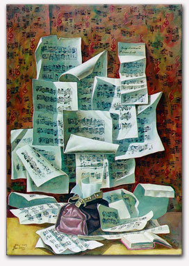 kaikaoss- Musiktapeten 92x65 cm oil on canva- Kunst musiknoten. Surreal- Art und Music Painting