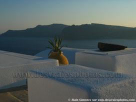 Grèce,iles grecques,santorin,mer,méditerranée,caldera,pot,banc,Cyclades,toits,crépuscule,tableau