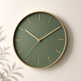 Foto: grüne Uhr mit goldenen Ziffern und Rahmen auf beige farbenen Hintergrund