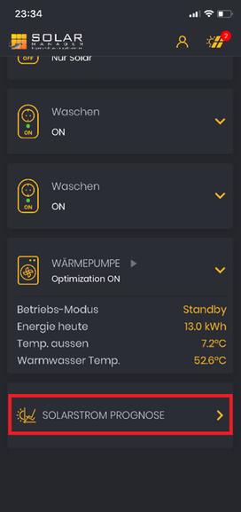 Solarstrom Prognose in der Kunden-App des Solar Managers