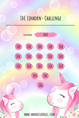 10€ Einhornchallenge 2 -kostenloses Sparchallenge Template für die Umschlagmethode