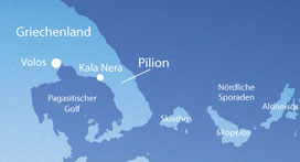 Karte vom Pilion, Tai Chi und Qi Gong Ferienkurse am Meer in Kala Nera, Griechenland mit Karina Berg