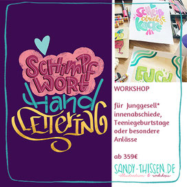 Handlettering lernen mit Schimpfwörtern bei einer Kinderbuchillustratorin. JGAs, Junggesellinnenabschiede, besondere Anlässe, Teeniegeburtstag in Oberhausen, Ruhrgebiet, NRW