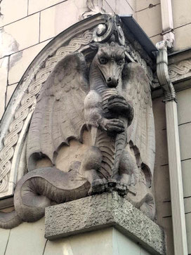 Sculpture of a dragon on a building in Riga's Art Nouveau quarter