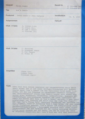  Promo Sheet zum Album: "David Bowie - Let's Dance" (1st., EU 1983)