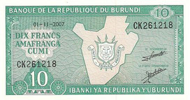 BILLETE BURUNDI - PICK - P33e.2 - 10 FRANCOS - 2.007 - SERIE CK (SC/UNC) PLANCHA - 1,50€.