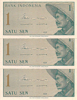 LOTE DE 3 BILLETES CORRELATIVOS INDONESIA - PICK - P90 - 1 SEN - TRIO CORRELATIVO - 1.964 - SERIE AFG (SC/UNC) PLANCHA - 5€.