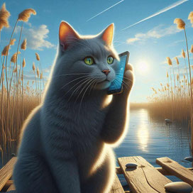 KI Bild. Eine graue Katze sitzt auf einem Holzsteg an einem Fluss, an dessen Ufer Schilf wächst. Sie spricht in ein Handy. Blauer Himmel mit wenigen Wolken im Hintergrund. Die Sonne spiegelt sich im Fluss. 