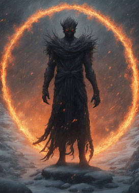 Eine Figur in einem Ring aus Feuer. So soll Magellan zur Namensgebung für Feuerland gekommen sein.