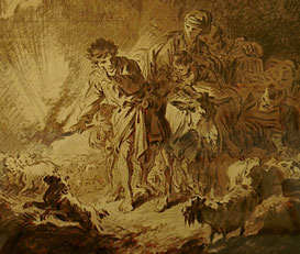 Jean-Baptiste Huet, Paysans voyageant la nuit avec leurs troupeaux. Détail. Encre et lavis de sépia sur papier Abbeville, Musée Boucher-de-Perthes © Bruno Jagerschmidt 