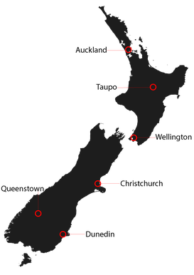 Carte de la Nouvelle-Zélande avec les grandes villes comme Dunedin, Auckland, Wellington et d'autres