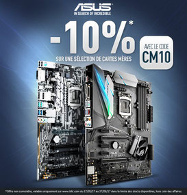 10% sur une sélection de cartes mères ASUS jusqu'au 17 juin 2017 ! Par ici : http://www.ldlc.com/informatique/pieces-informatique/carte-mere/c4293/+fb-C000000806+fv144-15269,15275.html#523d712af1ceb