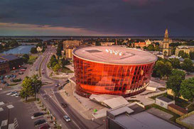 Aerial view of central Liepāja with Liepajas Dzintars concert hall in foreground