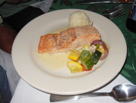 For lunch, Grilled Salmon plated with Fresh vegetables and Potato