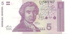 BILLETE CROACIA - PICK - P17A - 5 DINARES - ANV. RUDER BOSKOVIC - 1.991 - SERIE C (SC/UNC) PLANCHA - 1,35€.