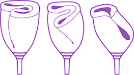 Tre forme diverse di inserire la coppetta mestruale. Immagine di periodosolidario.org