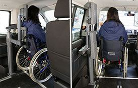 Person in wheelchair behind the steering wheel of a minivan. Powered head and backrest eFutureSafe is operated at the push of a button.