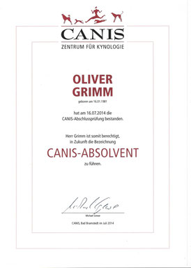 CANIS-Zertifikat: Oliver Grimm ist berechtigt sich als CANIS-Absolvent zu bezeichnen