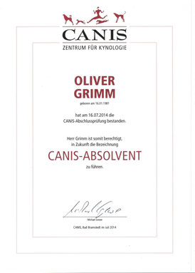 CANIS-Zertifikat: Oliver Grimm ist berechtigt sich als CANIS-Absolvent zu bezeichnen