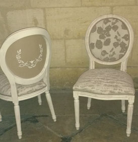 chaises style Louis XVI, peinture, pochoir et couverture par l'atelier de Sylvie