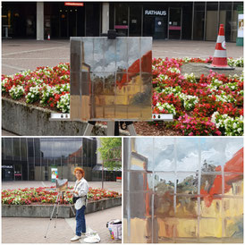 Skizzentreffen 13.09.2019 am Rathaus in Ahlen, Pleinair-Malerei des Fenster-Spiegelbildes