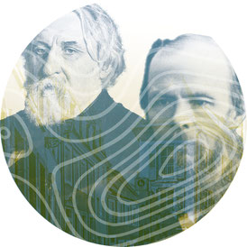 Bildkombination: Dostojewski u. Turgenew - wikipedia.org; Baden-Baden - unsplash/Yevhenii Deshko