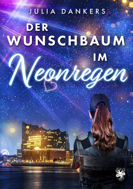 Auf dem Cover von "Der Wunschbaum im Neonregen" steht eine Frau mit Schutzweste un Capi am Ufer und betrachtet die Elbphilharmonie.