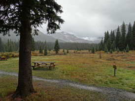 Uitzicht vanuit onze cabin in Shadow Lake Lodge