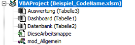 Zeigt ein Beipiel für geänderte Code-Namen in einer Excel-Mappe