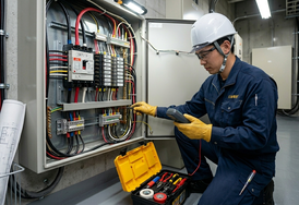 広島の行政書士がサポートする電気工事業届出・登録申請。配電盤の点検を行う電気工事士のイメージ画像。
