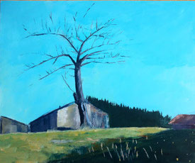acrylbild, hof bad tölz, himmel, wiese, baum und gebäude