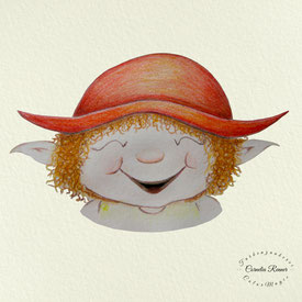 kleiner Elfenzwerg mit kupferfarbenen Ringellocken, einem knallroten Hut und einem verschmitzten Lächeln - Gnome Finn - sei frech und wild und wunderbar