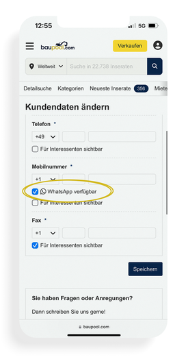 Unter „Mein baupool" können Sie WhatsApp als Kommunikationskanal aktivieren.
