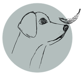 Skizze eines Hundekopfs, seitlich, mit Feder auf der Schnauze. Graublauer Kreis im Hintergrund.