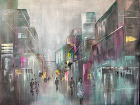 Cityscape, Stadtansicht in Türkis und Magenta, mit Türkis gekleideter Dame im Vordergrund