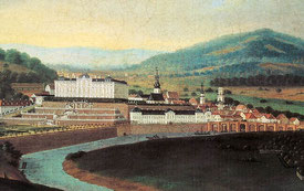 Saarbrücker Ansicht mit Schloss und Brücke, um 1770