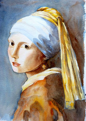 aquarelle portrait la jeune fille...d'après Vermeer Joëlle Poret