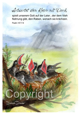 krächzende Raben im Nest, antwortet dem Herrn mit Dank