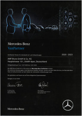 Zertifikat von Mercedes-Benz: AMF-Bruns ist zertifizierter Aufbauhersteller.